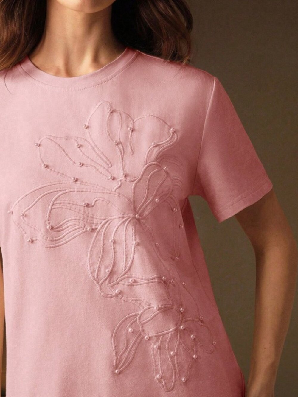Pink Embroidered Floral Beaded T-Shirt